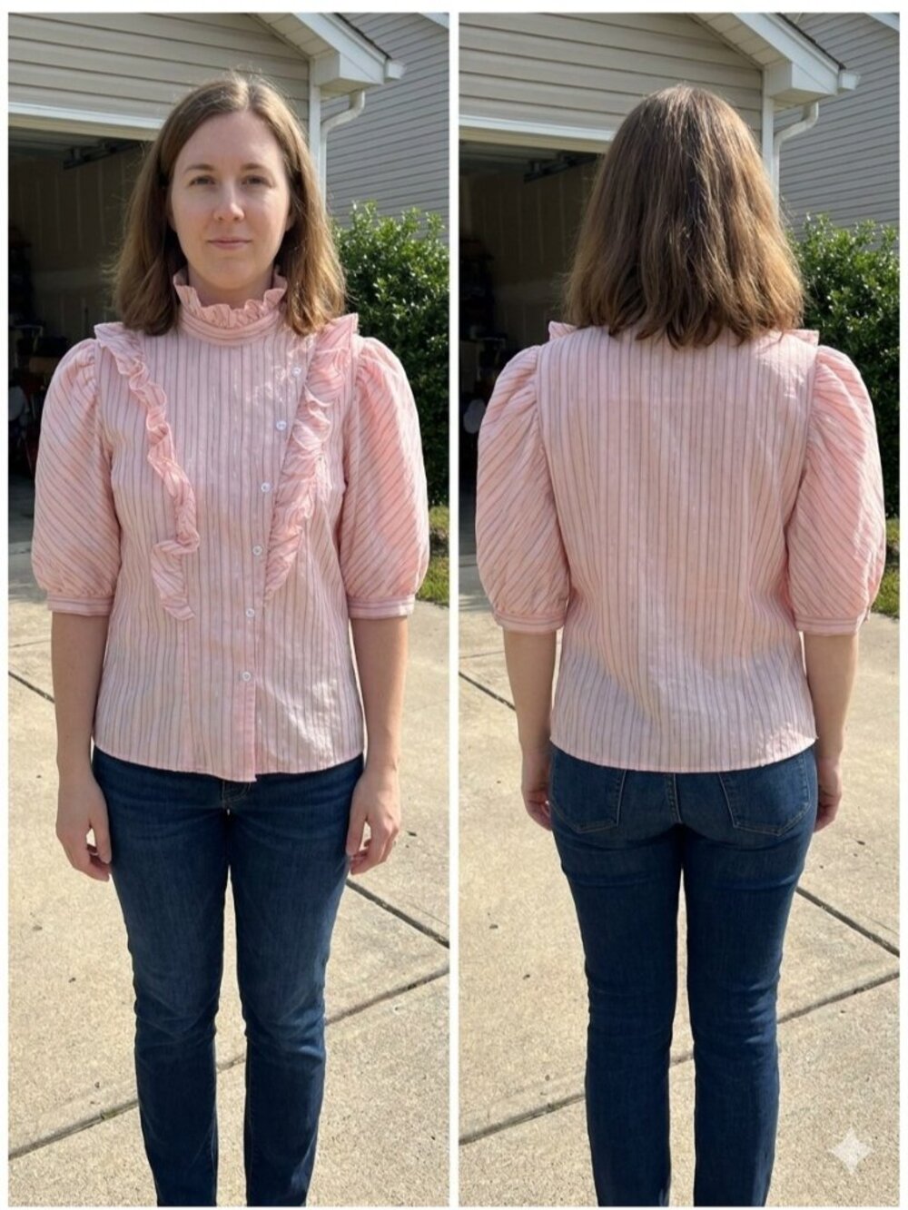 Vintage Stitches Pink Metallic Striped Ruffle High Neck Puff Sleeve Blouse 9 80s